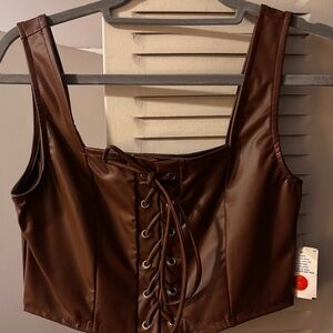 Brown Lace-Up Faux Leather Corset Top